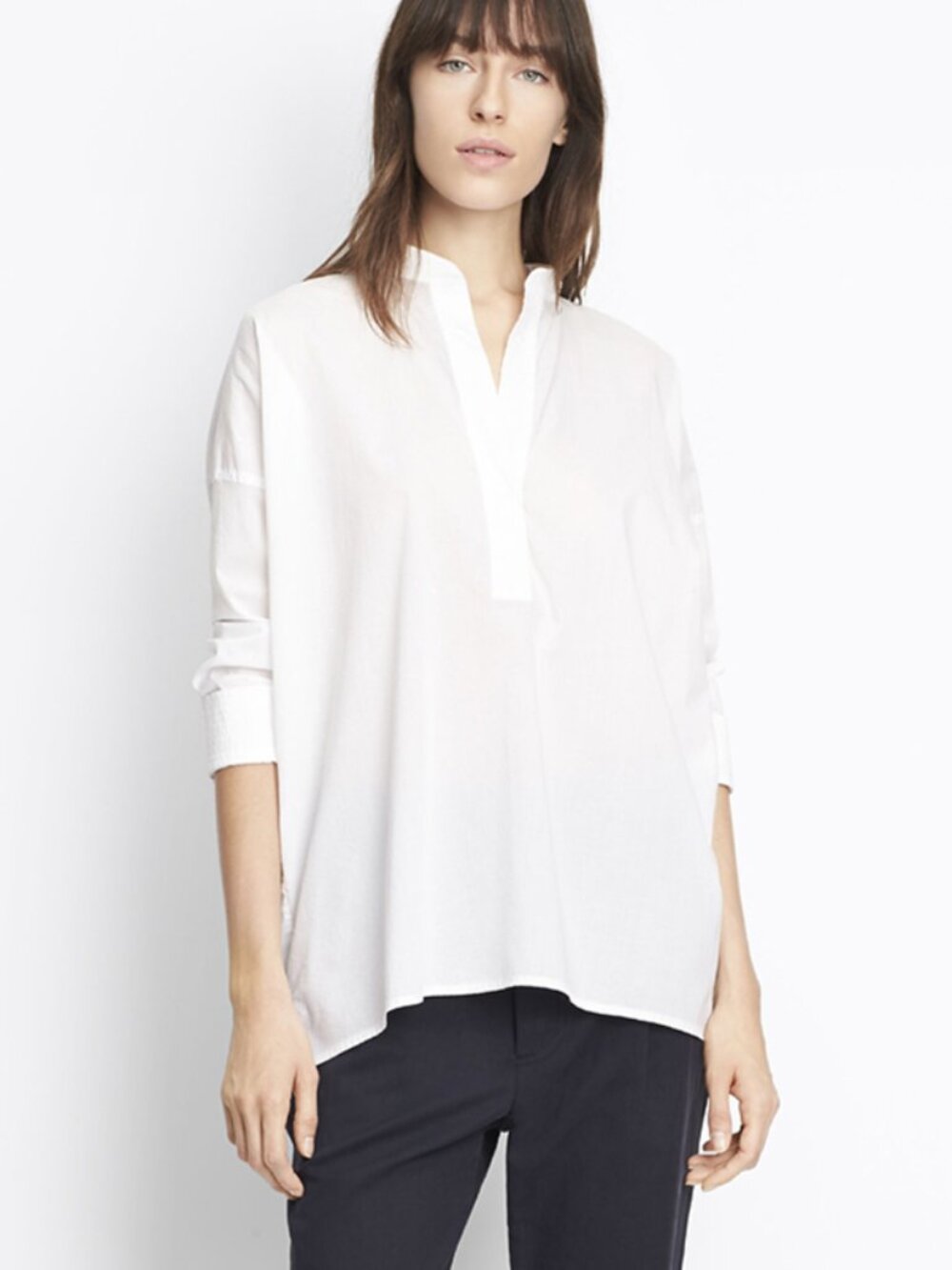 NWT $275 Vince Trapunto White Stitch Slit Neck Washed Cotton Tunic Shirt SIZE S